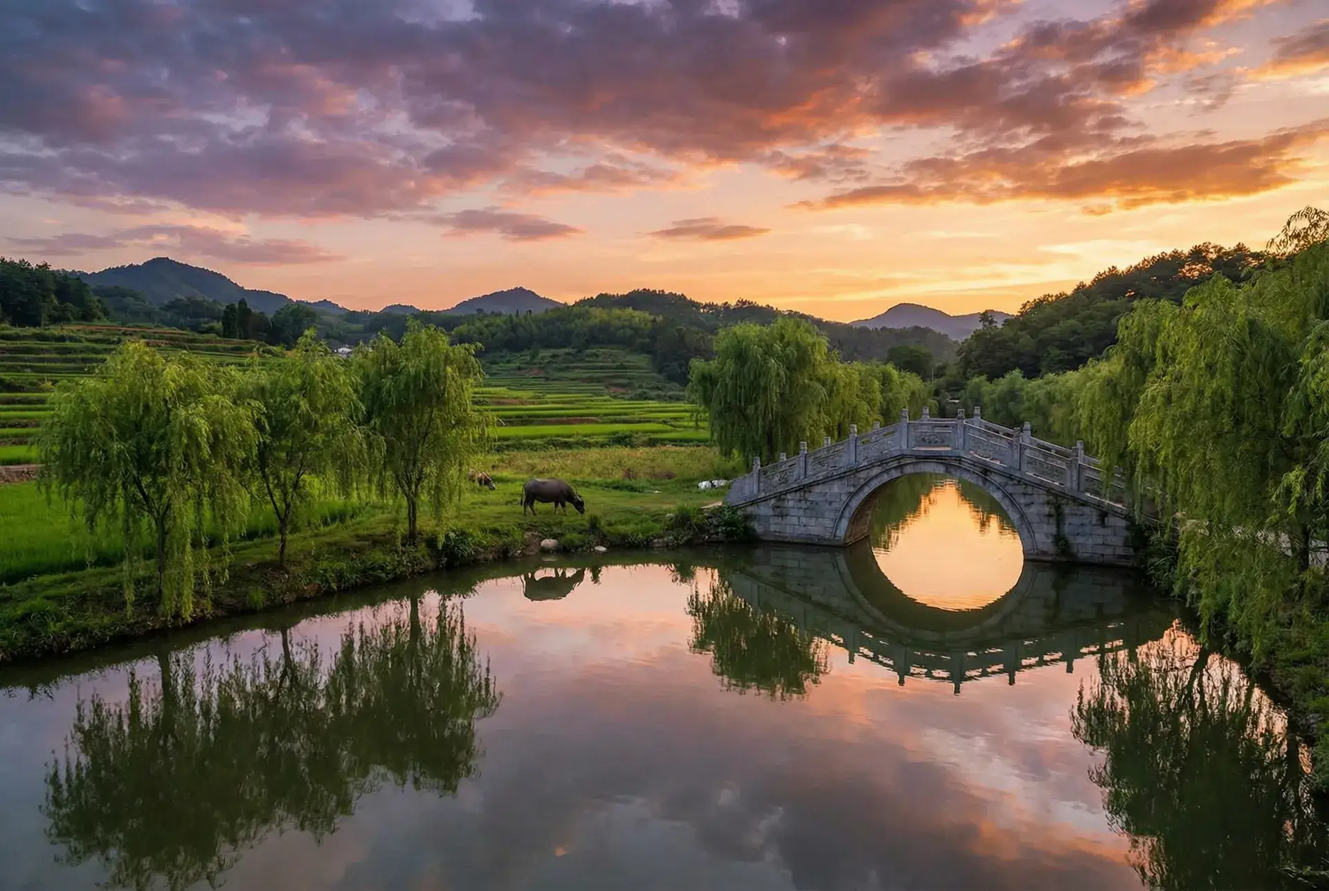 夕阳下的石拱桥与垂柳，水牛在河边吃草 - 中午字幕一区在线 乡村美景